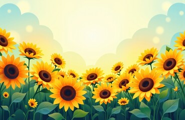 Obraz premium Bright sunflower field with a sunny sky and fluffy clouds creating a cheerful atmosphere