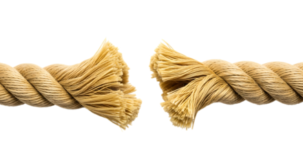 Thick rope frayed and broken in the middle isolated on transparent background
