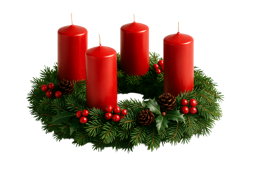 Four red candles on an Advent wreath with cones and berries on a transparent background. Festive decor.