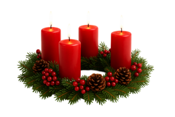 Advent wreath with four lit red candles and pine decorations on a transparent background. Christmas tradition.