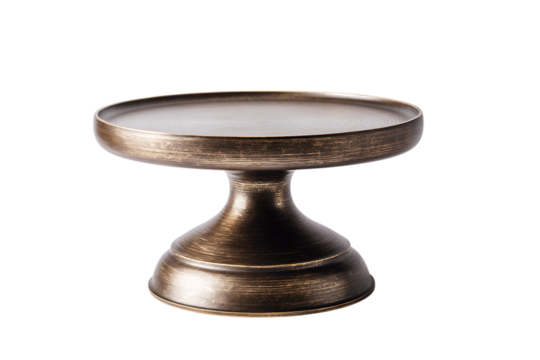 Antique bronze metal cake stand with hammered texture, isolated on transparent background