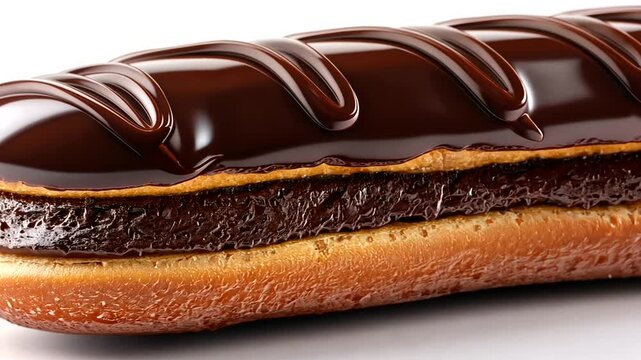 Delicious chocolate eclair with rich frosting on a light pastry base