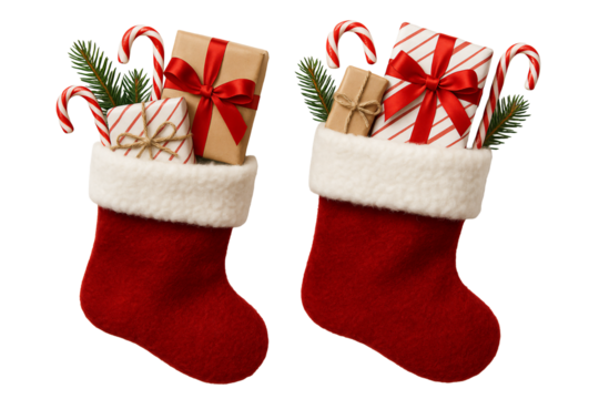 Red Christmas stockings filled with gifts on a transparent background. Holiday decor.