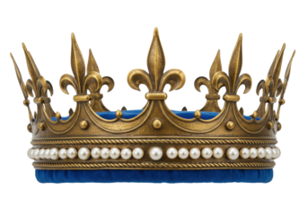 Isolated ornamental royal crown, vintage ornate object with fleur-de-lis, pearls & blue velvet