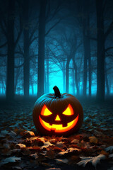 Halloween background, Jack-o'-lantern in a dark foggy forest