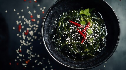 Wakame seaweed salad garnished with sesame seeds and chili peppers