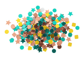 Isolated celebratory pile of colorful festive party confetti sparkles for holiday decor
