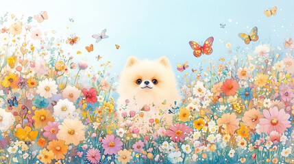 A playful puppy nestled among a field of colorful flowers and butterflies, capturing the joy of spring in a whimsical setting