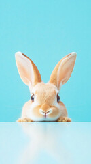 A charming rabbit gazes playfully from behind a blue surface, capturing the essence of innocence and curiosity