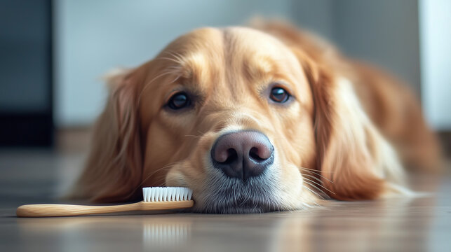 A golden retriever resting with a toothbrush, reflecting pet care and loyalty