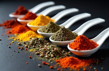 Colorful spices arranged in white ceramic spoons on dark surface with scattered spice powders