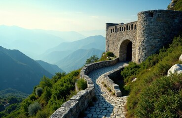 Obraz premium Woman walking along ancient stone pathway on mountain with fortress overlooking scenic valley