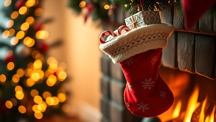 A Christmas stocking filled with gifts hangs by a fireplace, soft lights in the background.