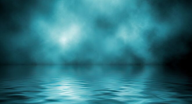 Mysterious teal foggy atmosphere over reflective water surface