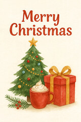 Watercolor Christmas card illustration with a Christmas tree, red gift box, and a mug of hot chocolate on a soft textured paper background. For winter cards, posters and design projects. AI-generated.