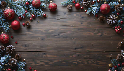Rustic wooden background with festive christmas garland and ornaments