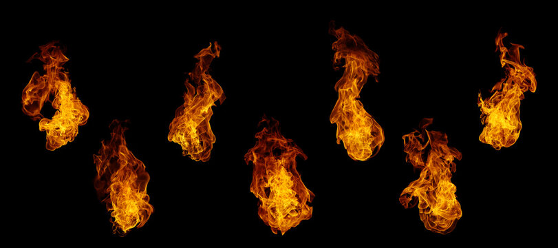 Realistic fire flames isolated on black background, perfect for design, compositing, or video effects. Dynamic burning flames with vivid orange and yellow tones, symbolizing heat, energy, and power.
