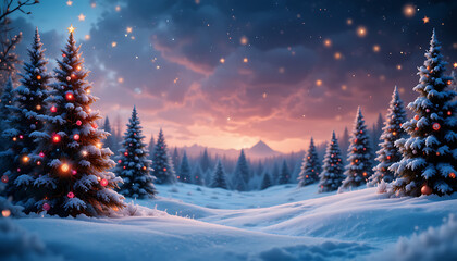 Magical winter forest with snow covered trees and twinkling lights at sunset
