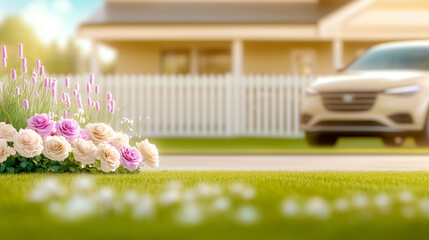 A beautifully landscaped garden with blooming flowers and a car in the background, depicting suburban tranquility