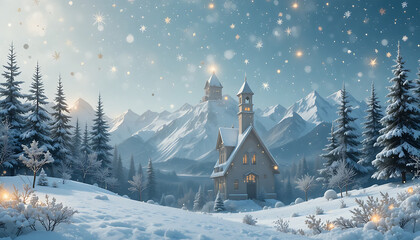 Enchanting winter castle nestled in snowy mountains with falling snowflakes