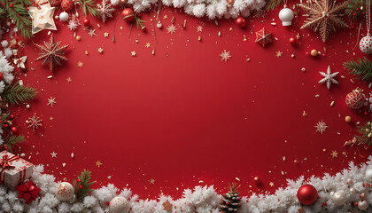 Festive christmas frame with ornaments and snow on red background