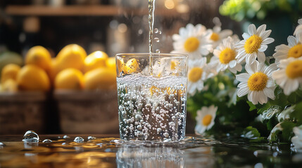 Close-up of a glass of sparkling water with bubbles, surrounded by fresh daisies and lemons, perfect for refreshing beverage concepts