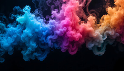 Vibrant colorful smoke clouds swirling and blending on black background