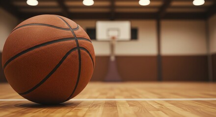 Fototapeta premium Basketball on wooden court in gymnasium