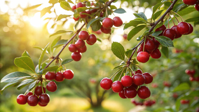 Cranberries hanging on tree in garden, Cranberries on tree in natural warm sunlight background