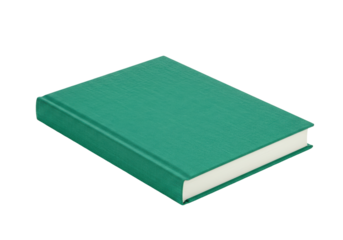 Isolated green hardcover book, a novel or textbook, lying at an angle on a surface, nobody