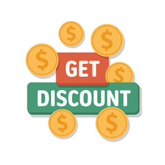 Financial promotion graphic with dollar coins and discount text on white background conceptualizing business offers and sale promotions