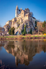 Famous Church of St Lubentius on a rock over the Lahn river at Dietkirchen in Limburg an der Lahn, Hesse, Germany