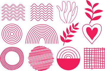 Modern pink decorative elements minimalist hand-drawn set of organic and geometric shapes 