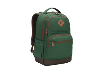 Isolated green backpack, modern school bag or luggage with brown accents, simple design