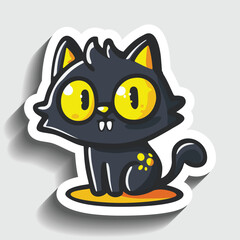 Cute Black Cat Sticker. Adorable Cartoon Feline with Big Yellow Eyes Vector Illustration.