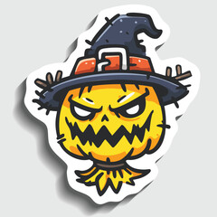 Halloween Scarecrow Pumpkin Sticker. Spooky Jack-o'-lantern with Witch Hat Cartoon Vector Illustration.