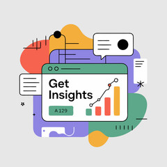 Modern graphic showing concept of data analysis, insights, and digital marketing, featuring a trending upward business chart with visual elements