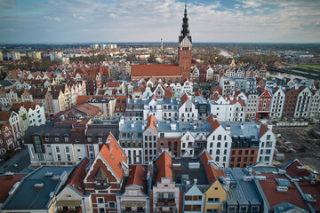 Obraz premium Elblag Old Town panoramic aerial view with Gothic cathedral spire colorful buildings red roofs and medieval urban landscape northern Poland