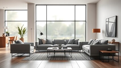Minimalist living room with sofa and coffee table, soft natural light from large window.