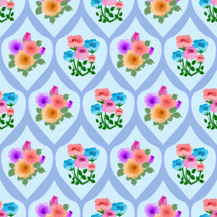 seamless background with flowers, hand drawn colourful, Ornamental botanical flower, for fabric, textiles, clothing, wrapping paper, backdrop, banner, illustration, abstract backgrounds.
