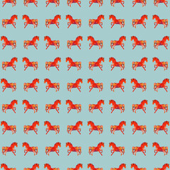Pattern with textured orange horses on blue background. Elegant silhouettes repeat design for fabric, wallpaper, wrapping paper, textiles, farm decor, and modern equestrian style projects.