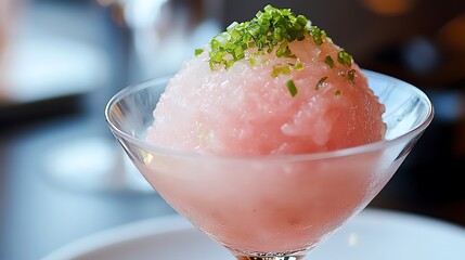 Warabimochi served with scoop of martini glass