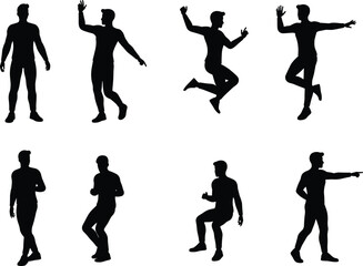 Human motion silhouette, walking and jumping pose, sitting and pointing gesture, body movement study, vector illustration, physical activity icons