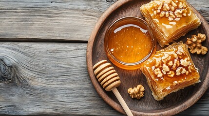 Walnut baklava with honey on plate wooden background