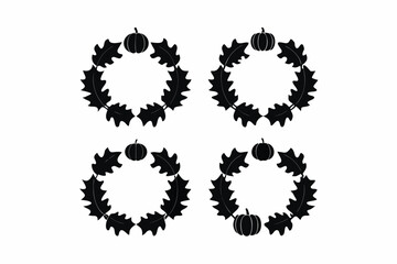 set of Harvest wreath with autumn leaves and pumpkins, Thanksgiving decoration silhouette vector illustration isolated on white background