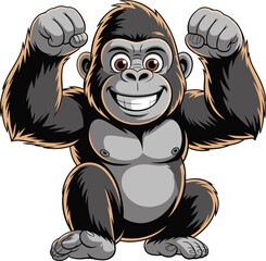 Cartoon gorilla flexing muscles, strong confident pose, smiling primate character, animated jungle animal, vector art, playful mascot, stock illustration