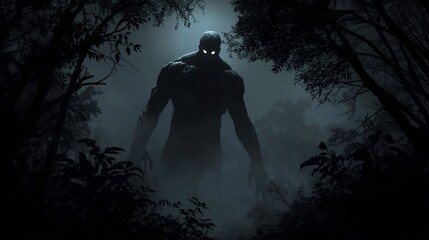 Dark, cinematic monster illustration. A huge, shadowy cryptid or behemoth lurks in a misty, moonlit forest. Horror, myth, and danger.