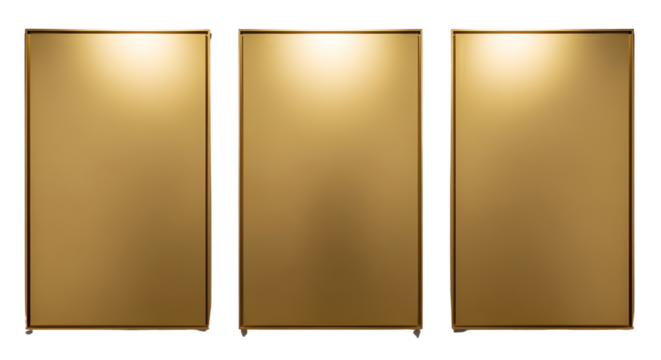 Isolated blank golden advertising banners or presentation screen panels with lighting