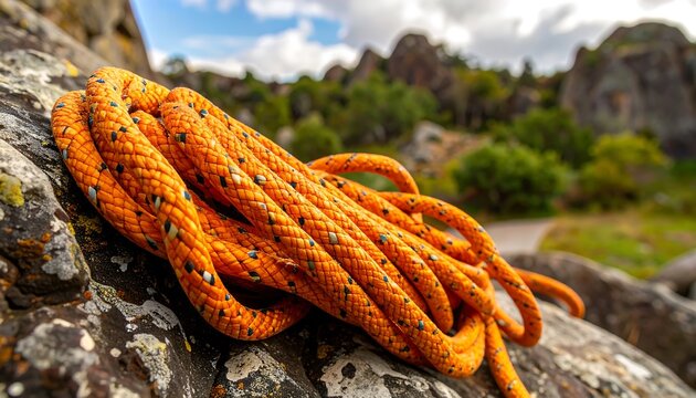 Orange climbing rope on rocks
