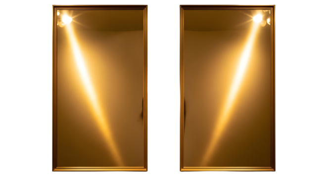Two isolated golden niches illuminated by bright dramatic spotlights on white background